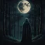 Placeholder: pessoa usando uma máscara azul pintada com branco e um manto preto no meio da floresta olhando pra frente, árvores verdes e muita mata, a noite, desenho do espírito da lua, imagem cinematográfico, olhando pra frente, com rosto olhando pra frente