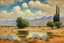 Placeholder: clouds, arid land, distant mountains, dry trees, pond, claude monet impressionism painting