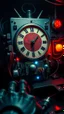 Placeholder: Bosch style nightmares of clocks, computer board , mini lights, eyes balls, complicated electronics components, robot hand,dashboard, laser beam