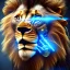 Placeholder: a lion face made with cyber punk elements with blue diamonds and cables from head to body wearing a medieval helmet with a christ, high detail, photo, kybernetic, 8k, ray-tracing