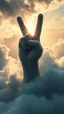 Placeholder: A victory sign hand above swirling clouds, emerges from the heart of a raging storm. Turbulent winds of steam swirl around the iconic structure, lit by shafts of sunlight that cast dramatic shadows on the A large victory sign hand in the clouds , High quality 16k cinematic scene and great photography