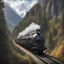 Placeholder: Imagine a scenic train navigating a winding mountain pass, its locomotive at the front pushing through rugged terrain and sharp curves, with the majestic peaks and dense forests visible through the large front windows of the engine.