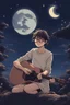 Placeholder: Under a starry night sky, the girl with glasses strums his guitar, his music echoing in the peaceful ambience of the Ghibli style anime night, intricately hand-drawn for a magical effect.