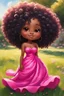 Placeholder: An expressive oil painting image of a chibi black cartoon of a curvaceous woman with flowing of tight curly afro of black hair that's highly detailed, wearing a hot pink maxi dress. She sits relaxed on the grass facing the warm sunlight, which illuminates her face as she looks to the side with a small smile, accentuating her prominent makeup and brown eyes. with green and hot pink roses all around