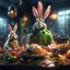 Placeholder: infernal portrait of chopped crazy scientist and army officer irradiating food inside grove with huge fluffy levitating yoga hare with nightmare mutations, 4 k, down-light, soft light, depth of field, photo realism, trending on art station, high detail, spray paint