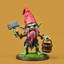 Placeholder: low poly, slime gnome troll miniature model half painted arms outstretched holding battle hammer offering gift, bucket shield background