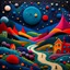 Placeholder: Felt artwork, detailed creepy landscape, village, stars and planets, naïve, strong texture, extreme detail, Max Ernst, rich moody colors, sparkles, Yves Tanguy, bokeh, odd