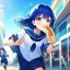 Placeholder: Clear focus,High resolution, Vibrant short blue hair, Vibrant blue eyes, Wearing a sailor uniform, Running with toast in her mouth