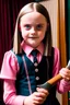 Placeholder: wednesday addams pink dress blonde hair and smiling with a knife