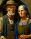 Placeholder: Color Portrait of an old Appalachian farmer couple early 1900s, beautiful painting with highly detailed face by greg rutkowski, Lee Jeffries, magali villanueve Modifiers: extremely detailed oil on canvas photorealistic New Age: American Gothic An elderly couple in vintage farm attire stand before a barn, the woman holding a basket of fruit and the man clutching a pitchfork.