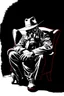 Placeholder: off angle of western styles man with hat (wide flat brim flat top) shading face, wearing a gas-mask, sitting forward on a wingback chair, vignette, black and white graphic novel style with a red outline on black background, gothic horror