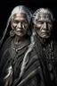 Placeholder: a photo of an Aztec man and woman with ethnic jewelry, grey hair and grey flowing robe, in style of Annie Leibovitz, contemporary portrait of a mature yet beautiful and modernist, black and grey, detailed face, swirling fluid smokey enigma, award-winning artwork