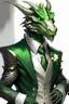 Placeholder: A silver Dragonborn from dnd wearing a tuxedo green eys