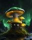 Placeholder: A solitary floating mushroom house on a clear night. silver and green and yellow, Dark cosmic interstellar. Detailed Matte Painting, deep color, fantastical, intricate detail, splash screen, hyperdetailed, insane depth, concept art, 8k resolution, trending on Artstation, Unreal Engine 5, color depth, backlit, splash art, dramatic, High Quality Whimsical Fun Imaginative Bubbly, perfect composition