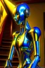 Placeholder: chrome chat robot banking woman smiling online in the style of a master italian painter, spray paint, photo realism, trending on art station, 8k, depth of field, down light, light rays, volumetric, reflective spiral staircase, blue, yellow, golden brown and orange