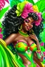 Placeholder: Create a digital airbrush cartoon of a curvy African American female wearing Brazilian carnaval outfit outfit that's pink, green and white. Prominent make up with hazel eyes. Highly detailed very long extremely curly black hair. Her skin is smooth and silky. Background of a judge full of colorful flowers