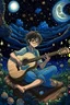 Placeholder: Under a starry night sky, the girl with glasses strums his guitar, his music echoing in the peaceful ambience of the Ghibli style anime night, intricately hand-drawn for a magical effect.