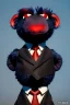 Placeholder: Waist up muppet Portrait, Kim Jong-un muppet doll, black suit, photo studio, red background, unreal engine 5, concept art, art station, ray tracing, lumen lighting, ultra detail, volumetric lighting, 3d.