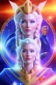 Placeholder: young cosmic woman admiral from the future, one fine whole face, large cosmic forehead, crystalline skin, expressive blue eyes, blue hair, smiling lips, very nice smile, costume pleiadian,rainbow ufo Beautiful tall woman pleiadian Galactic commander, ship, perfect datailed golden galactic suit, high rank, long blond hair, hand whit five perfect detailed finger, amazing big blue eyes, smilling mouth, high drfinition lips, cosmic happiness, bright colors, blue, pink, gold, jewels, realistic, real