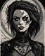 Placeholder: create an abstract, deeply powerful tragic and evocative, full body woodcut of a raw and weathered goth punk female with highly detailed and deeply engraved facial features, lost in a horrific post apocalyptic world, in the style of modern contemporary woodcut, searing lines and forceful strokes