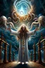 Placeholder: a cross with octopus arms up towards heaven, hair standing straight up, fluffy clouds, intense eyes,looking upwards, white pupils, close facial portrait of the streetwise magician posing in elaborate cape, angels and demons, fireflies , staircase with closed gates of heaven, 4 k, down light, depth of field, trending on art station, high detail, cracked ground