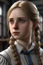 Placeholder: (one girl, 18 years old), blonde hair, two ponytails, big blue eyes, long thick eyelashes, (muskular body:1.3), high detail, realistic, detailed skin, realistic detailed eyes, detailed face, -length, unreal engine, 4k photorealistic, portrait, digital art, (dressed in a 19th century school uniform:1.8), russian girl, sitting, computer table, (computer:1.3)