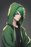 Placeholder: Anime young man with green hair wearing a black hoodie realistic