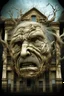 Placeholder: surrealis monochrome A fragmented, surreal sculpture liguid color of photorealistic image 3d,psychedelic art of an old man face glossy emerging from dreamlike a crumbling building. The face appears pale with deep cracks and intricate details, evoking a haunting expression. Blackened tree branches intertwine with the gold mengkilat cracks, set against a backdrop of stormy, cloud-filled skies. bauhaus art The overall tone is dark and moody, suggesting themes of decay and transformation. Include