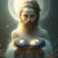 Placeholder: close up of cute little poet in water with halo, wearing soft robes and blue gloves holding hairy scroll,dark stone statue, lively eyes,hidden hands, framed by foliage, shiny eyes,