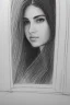 Placeholder: Pencil sketch of Young woman look through the window , Arab features,sad, long wavy hair, full body، on lined paper