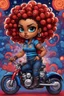 Placeholder: create a psychedelic style art illustration of the chibi cartoon character, a voluptuous black female in a blue jean outfit with biker boots. Her prominent makeup and hazel eyes, along with her detailed red bantu knots, are featured in this image, set against the background of a lively bike show.