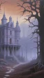 Placeholder: A light purple haunted mansion filled with ghosts painted by Caspar David Friedrich