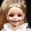 Placeholder: close up of dollie deluxe, bright eyes, post card, toy train, two big front teeth, skin imperfection, worn skin, white teeth, princess tiara