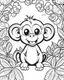 Placeholder: create a 2d black outline, "safari smiling cartoon baby monkey coloring book for toddlers", coloring page, low details design, black contour, coloring page design, simple background, colorful , card style, coloring page for kids, white background, sketch style, safari landscape, cartoon style