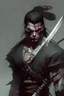 Placeholder: Draw me a fighter who is very miserable and angry, and I want him to carry a sword and angry, and blood comes out of his eyes. I want him to be a realistic figure and wear black clothes.