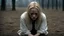 Placeholder: [The Fall (2006)] young blonde woman knelt on the cold, damp ground, her tear-streaked face a portrait of fear and despair. Bruises marred her delicate skin, evidence of the ordeal she had endured. Her hands were held behind her head in a gesture of submission, a silent plea for mercy in the presence of the towering figure before her. The horned figure loomed over her, a menacing presence cloaked in shadows and mystery. Its cranial facial structure gave it an otherworldly appearance, a be