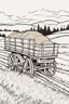 Placeholder: coloring page, flatbed wagon carrying hay, cartoon style, thick lines, low detail, no shading