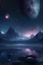 Placeholder: 4k realistic Fantasy world galaxy, space, ethereal space, cosmos, water, panorama. Palace , Background: An otherworldly planet, bathed in the cold glow of distant stars. The landscape is desolate and dark, with jagged mountain peaks rising from the frozen ground. The sky is filled with swirling alien constellations, adding an air of mystery and intrigue. Old castle of london, detailed , enhanced, cinematic, with glowing moon and sun going down