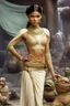 Placeholder: Zendaya in princess Leia's slave costume of the Return of the Jedi, close to Jabba the Hutt.