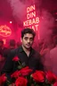 Placeholder: An spanish Guy with big eyes "Enrique" performing at dance club, his name is "Enrique" Red roses On stage, red Neon lights and smog, and "Din KEBAB I NATT" big sign on the wall