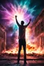 Placeholder: Young man standing, with arms raised, in front of a building that is exploding at night, with coloured auras and lightning around him