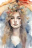 Placeholder: watercolor portrait of a woman, lush hair, rain, flowers, umbrella, autumn, paint blots, splashes, tears, plants