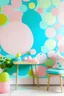 Placeholder: Craft a playful handpainted wall mural featuring colorful circles reminiscent of bubbles. Use a pastel palette to create a light and whimsical atmosphere. Color Palette: Bubblegum pink, mint green, baby blue, lemonade yellow.