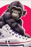 Placeholder: a profile picture of a small gorilla sitting in a purple Converse sneaker, like it's a car, comic style