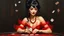 Placeholder: impressionist oil painting smooth brush strokes "head and shoulder" beautiful woman sitting at poker table elegant red tulle and shiny dress, red jewelry black hair in a bun, big hanging curls, slight smile, eyes downcast, long eyelashes cards in hand dark background other small cards flying around her some deteriorating grainy noise falling particles, backlight