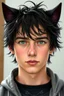 Placeholder: A young man with messy black hair, black cat ears on his head, blue eyes.