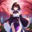 Placeholder: Clear focus,High resolution, one girls, Short brown hair, Purple eyes, Wearing a techy outfit standing with blurry sakura leafs falling down, Wearing a split skirt, Cut Sleeves, Gacha Animation