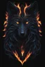 Placeholder: Captivating minimalist illustration of cosmic wolf, made up of intricately intertwined black flames. Her intense, bright eyes draw the viewer into her mesmerizing gaze, the pulsing energy of each flame creating a euphoric symphony within the heart. Dark background,the bright striped tail adds depth and dimension to the scene,evoking a feeling of dark fantasy, intriguing and mysterious aura. Vector pop art cinematic piece masterfully combines light and shadow, leaving the viewer in awe.Full body