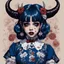 Placeholder: wears a smart shirt which is embroidered with bluered flowers and ornaments, has dark eyes and horns,Poster in two gradually, a one side malevolent goth vampire girl face and other side the Singer Melanie Martinez face, full body, painting by Yoji Shinkawa, darkblue and sepia tones,