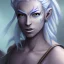 Placeholder: Female Air Genasi Monk dungeons and dragons character, with pale blue skin, flowing white hair, and grey eyes